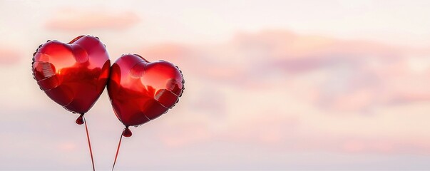 Two shiny red heart-shaped balloons float against a soft pastel sky, symbolizing love and romance.
