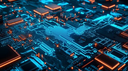Close-up macro shot of a green PCB with intricate circuitry, showcasing the complex electronic components like chips and processors, crucial for computer hardware and the digital technology industry