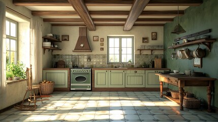 Fototapeta premium Rustic kitchen with wooden beams, green cabinets, and sunlit floor.