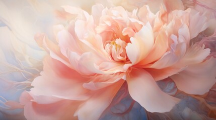 Exquisite close up photograph of a peony flower with lush layered petals in soft dreamy pastel tones  The image captures the delicate romantic beauty and elegant charm of this beloved floral bloom