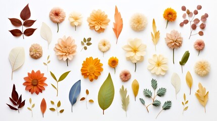 Fototapeta premium Elegant and creative flat lay composition of assorted petals and leaves artfully arranged on a clean white background Tranquil serene and natural botanical scene with a minimal and modern aesthetic