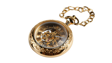 A vintage golden pocket watch with intricate design and a visible chain, perfect for enhancing the elegance of a historical themed event or fashion photoshoot..