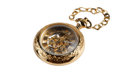 A vintage golden pocket watch with intricate design and a visible chain, perfect for enhancing the elegance of a historical themed event or fashion photoshoot..