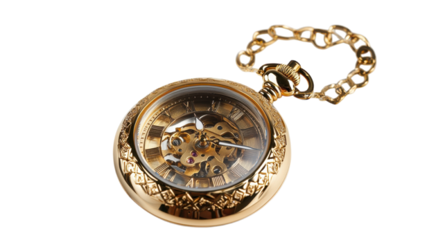 A vintage golden pocket watch with intricate design and a visible chain, perfect for enhancing the elegance of a historical themed event or fashion photoshoot.. - Powered by Adobe