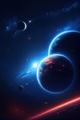 Fototapeta premium A breathtaking view of a celestial landscape, featuring a vibrant planet, a smaller moon, and a breathtaking sunset over a sea of fluffy clouds.