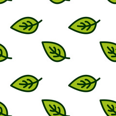Seamless pattern of green leaves with black outlines and vein details, arranged in a diagonal layout.
