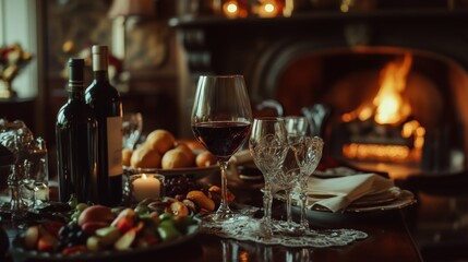 A table set for an elegant dinner with red wine, sparkling water, and a fruit platter.