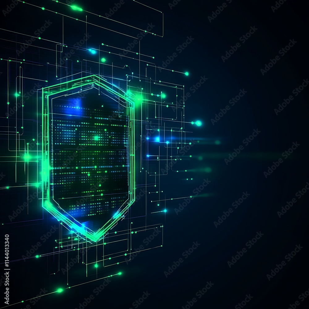 Poster futuristic digital shield with neon lines and abstract data visualization elements