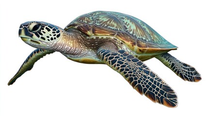 Fototapeta premium Green sea turtle swimming, isolated on white background. (1)
