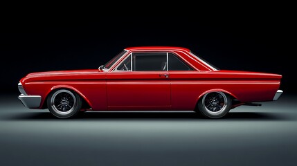 Obraz premium Vividly Red Classic Car Side View Photo Dark Background. AI Generated