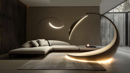 Contemporary living room featuring curved furniture pieces, a circular ottoman, and a unique LED floor lamp with a sculptural design. 