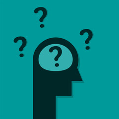 Silhouette of a human head in profile filled with and surrounded by question marks, on a teal background.
