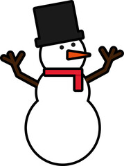 Snowman with a black top hat, red scarf, carrot nose, and stick arms, on a white background.
