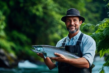 Fishing for salmon in a river outdoor adventure nature photography scenic viewpoint