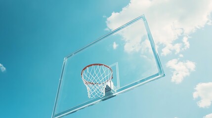 Naklejka premium Low angle photo clear basketball hoop soaring against cloudy blue sky. AI Generated