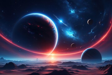 A breathtaking view of a celestial landscape, featuring a vibrant planet, a smaller moon, and a breathtaking sunset over a sea of fluffy clouds.