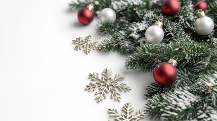 Festive Christmas Border with Fir Branches, Ornaments, and Snowflakes on White Background