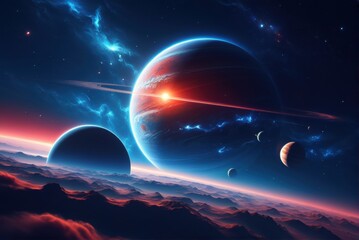 A breathtaking view of a celestial landscape, featuring a vibrant planet, a smaller moon, and a breathtaking sunset over a sea of fluffy clouds.