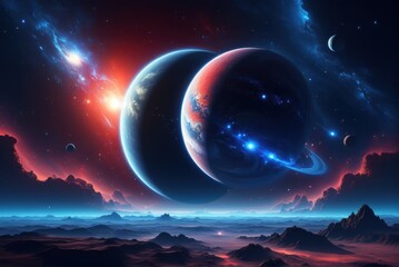 A breathtaking view of a celestial landscape, featuring a vibrant planet, a smaller moon, and a breathtaking sunset over a sea of fluffy clouds.