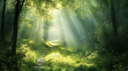 A soft-focus view of natural green foliage in a forest, creating a serene and refreshing atmosphere 