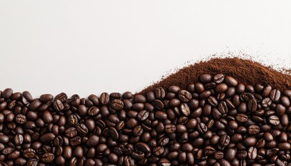 Fototapeta premium A close-up view of roasted coffee beans and ground coffee, showcasing rich textures and colors against a light background.