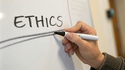 A hand writing "ETHICS" on a whiteboard, emphasizing the importance of ethical principles.
