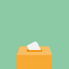 Illustration of a ballot box with a voting paper, minimalist design on a green background, representing voting, elections, or democracy
