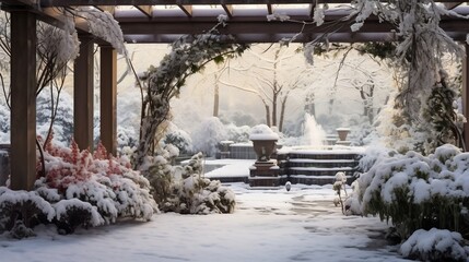 Enchanting Winter Garden with Frost Covered Pergola and Plants   A serene and magical scene of a snow dusted pergola surrounded by frost covered plants and foliage