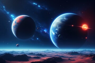 A breathtaking view of a celestial landscape, featuring a vibrant planet, a smaller moon, and a breathtaking sunset over a sea of fluffy clouds.