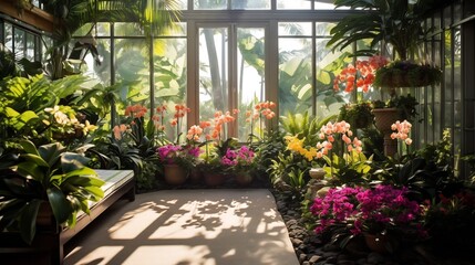 Fototapeta premium Luxuriant tropical greenhouse garden filled with diverse vibrant plants and blooming orchids cultivated in a carefully regulated environment for research education or commercial purposes