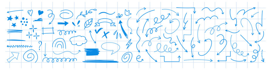 Sketch doodle arrows and symbols on blue checkered background