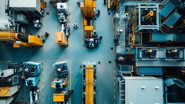 Engineers crossing paths in a spacious, high tech factory filled with yellow machinery showcase a dynamic environment focused on innovation and modern manufacturing processes