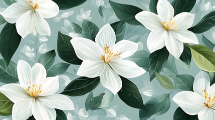 White Flowers Gently Bloom in Leafy Digital Painting Floral Art. AI Generated