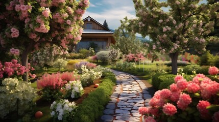 Obraz premium Lush and vibrant fruit garden with rows of blooming apple trees and verdant berry bushes in a picturesque rural countryside landscape during the spring season