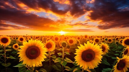 Fototapeta premium Breathtaking Sunflower Garden Stretching Across the Horizon with Vibrant Golden Blooms Amidst a Lush Peaceful Countryside Landscape