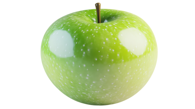 A close-up view of a fresh green apple showcasing its shiny surface and vibrant color against a transparent background.