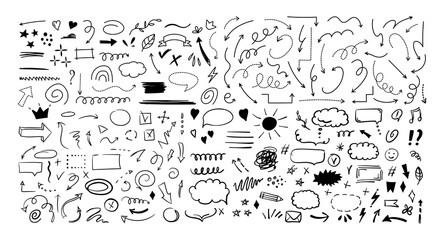 Simple sketch line style elements. Doodle cute ink pen line elements isolated on white background. Doodle arrow, heart, star, decoration symbol, icon set. Vector illustration.