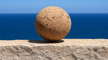 Stone Sphere on Clifftop: A weathered stone sphere rests precariously on a cliff edge, with the vast blue ocean stretching out behind it.  This image evokes a sense of balance, tranquility.