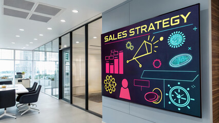 Dynamic sales strategy board, holographic interface, vibrant colors, stylized as a pop art illustration, with futuristic icons and symbols.