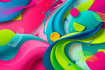 The image is a vibrant and dynamic abstract design with overlapping shapes and splashes of color. It features a mix of flowing curves, geometric shapes, and splatters in shades of pink, blue, green.