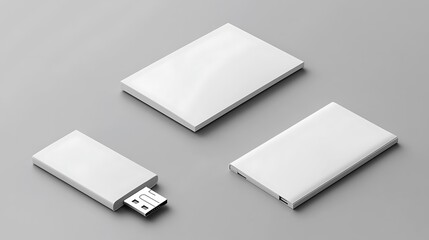 Three Blank White USB Mockups Laying Flat Photo. AI Generated