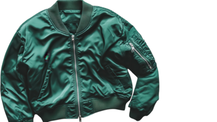 Green bomber jacket displayed on a neutral background, showcasing its design and zipper details for fashion enthusiasts.