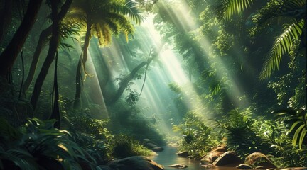 Dense Tropical Rainforest with Sunlight Penetrating the Canopy.