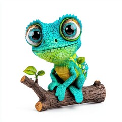 A photostock of a cartoon chameleon perched on a branch with big round eyes, isolated on a clean white background, quirky and colorful, High Quality