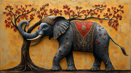 Fototapeta premium A striking elephant art piece embellished with vibrant floral designs.