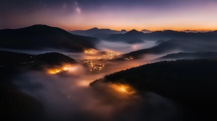 Twilight settles over a misty valley with glowing lights in the distance