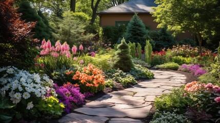 Obraz premium Vibrant and Thriving Perennial Garden Featuring Colorful Flowers and Lush Foliage Designed for Easy Outdoor and Landscaping