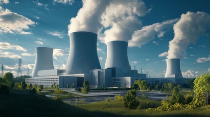 A nuclear plant with cooling towers of a nuclear power plant set in a natural, green environment, with a blue sky behind, symbolizing atomic energy. Nuclear energy and its impact on sustainability and