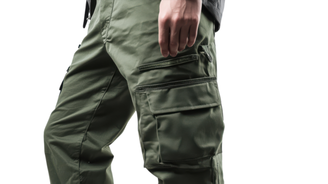 Casual outdoor style featuring green cargo pants with multiple pockets, ideal for activities and adventures in any environment.