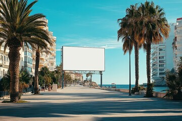 Blank billboard on a sunny beach promenade, near palm trees and buildings. Ideal for advertising, showcasing your brand in a tropical setting.